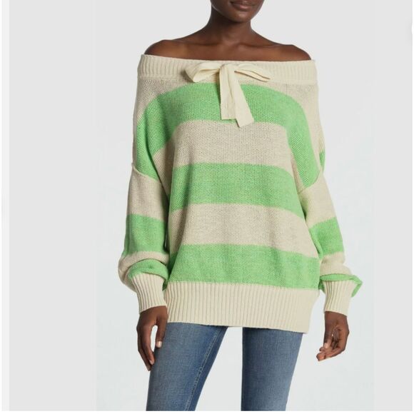 Free People Cassidy Sweater Women's M Off Shoulder Green Beige Striped Slouchy - Picture 1 of 8